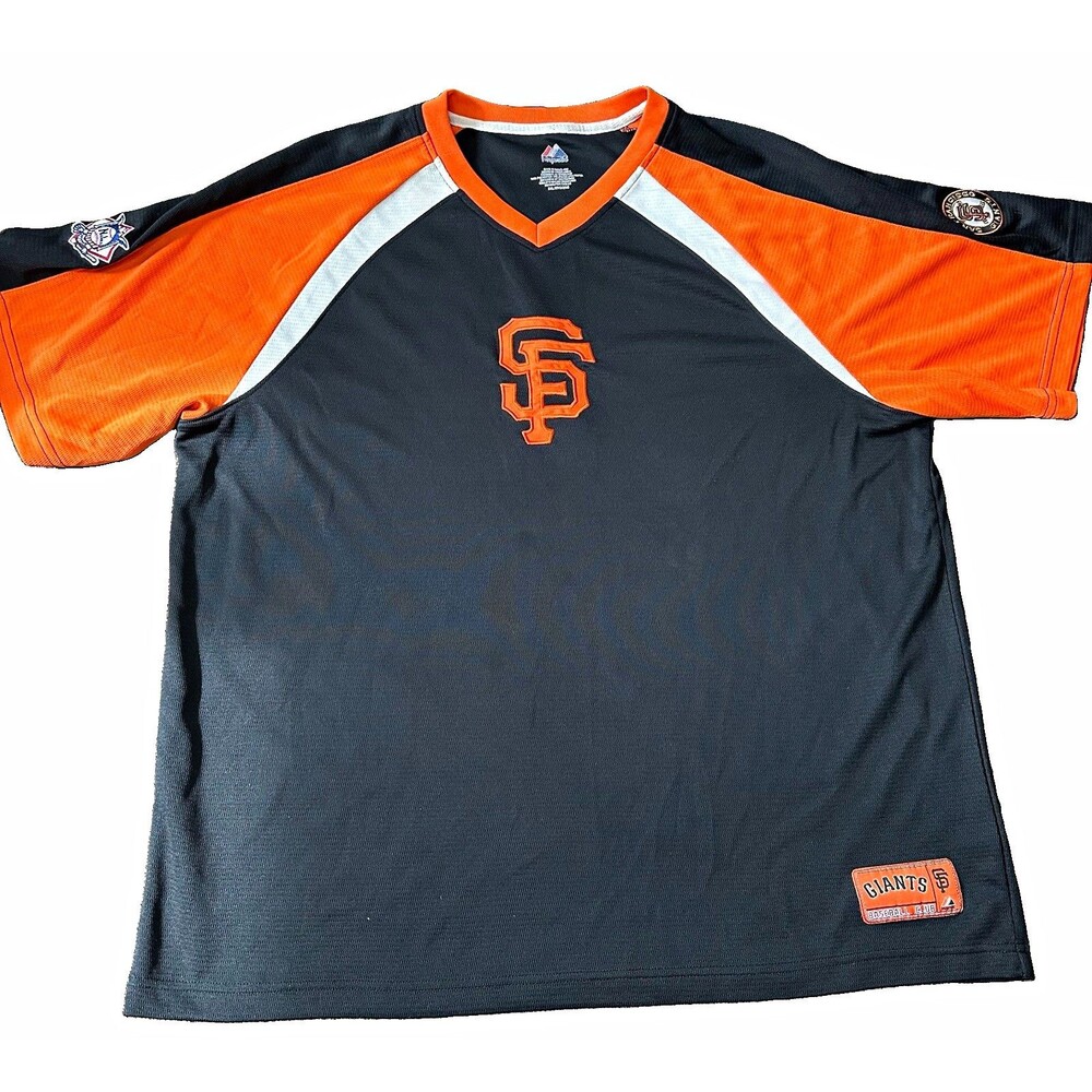Majestic San Francisco Giants MLB Baseball V-Neck Shirt Black Orange White